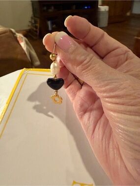 Gold & Black Heart Drop Earrings with Pearl Accent - Women Jewelry